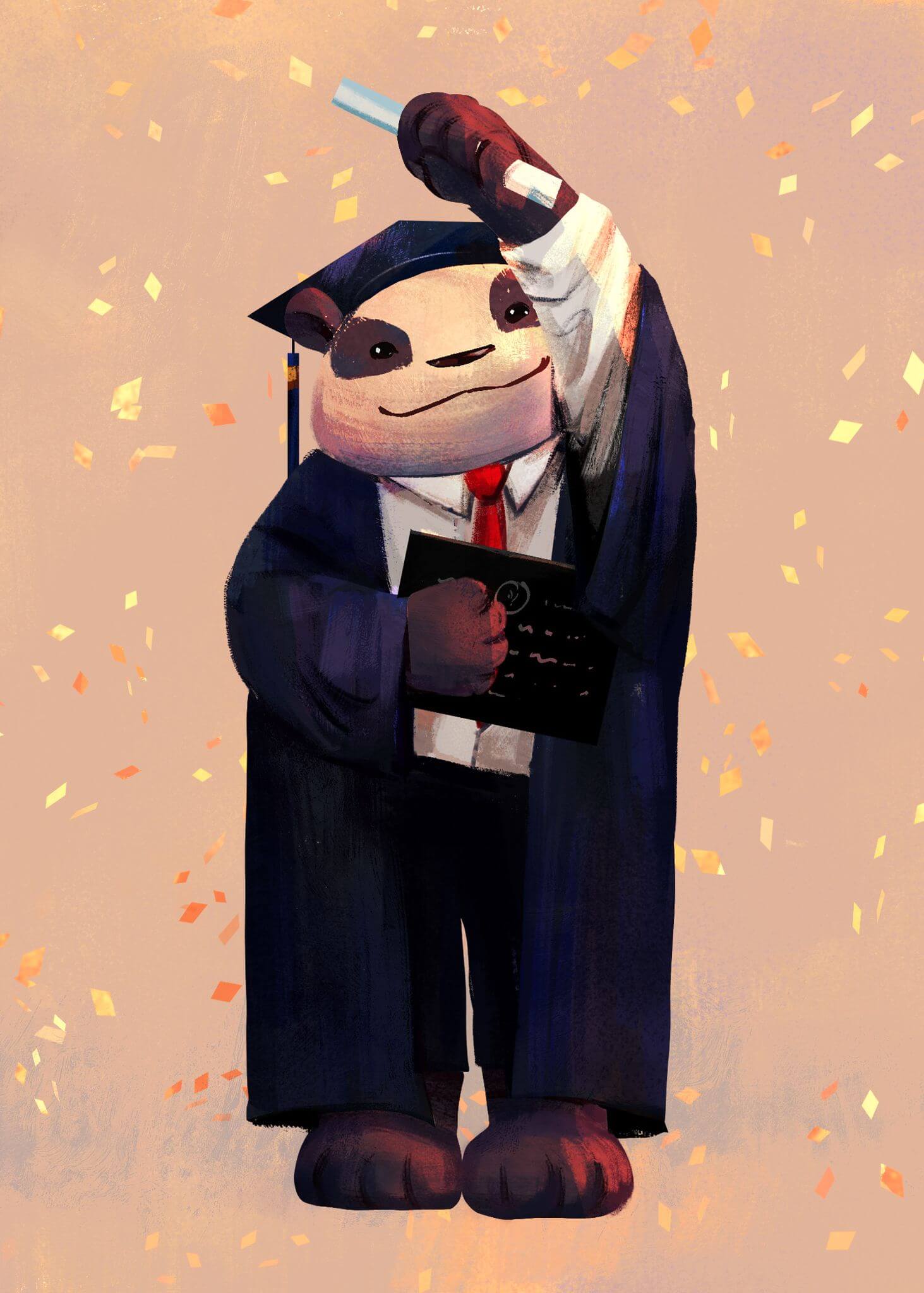 male panda in university gown